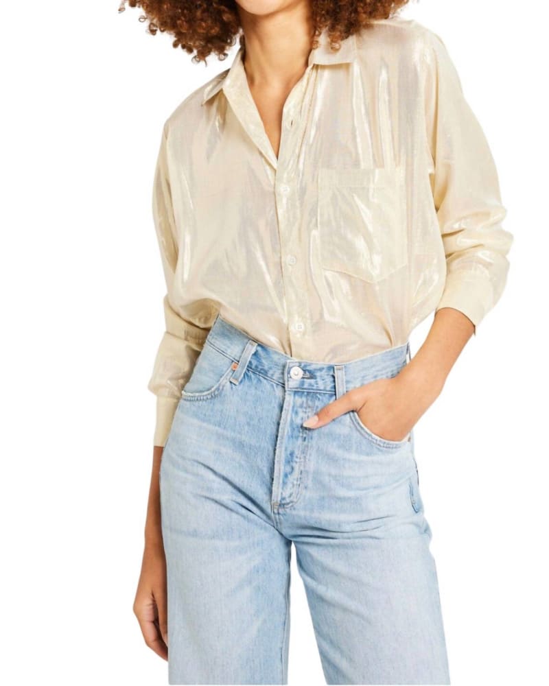 Front of a model wearing a size L Sofia Button Down Shirt in Gold Lamé in Gold Lamé by MILLE. | dia_product_style_image_id:364156